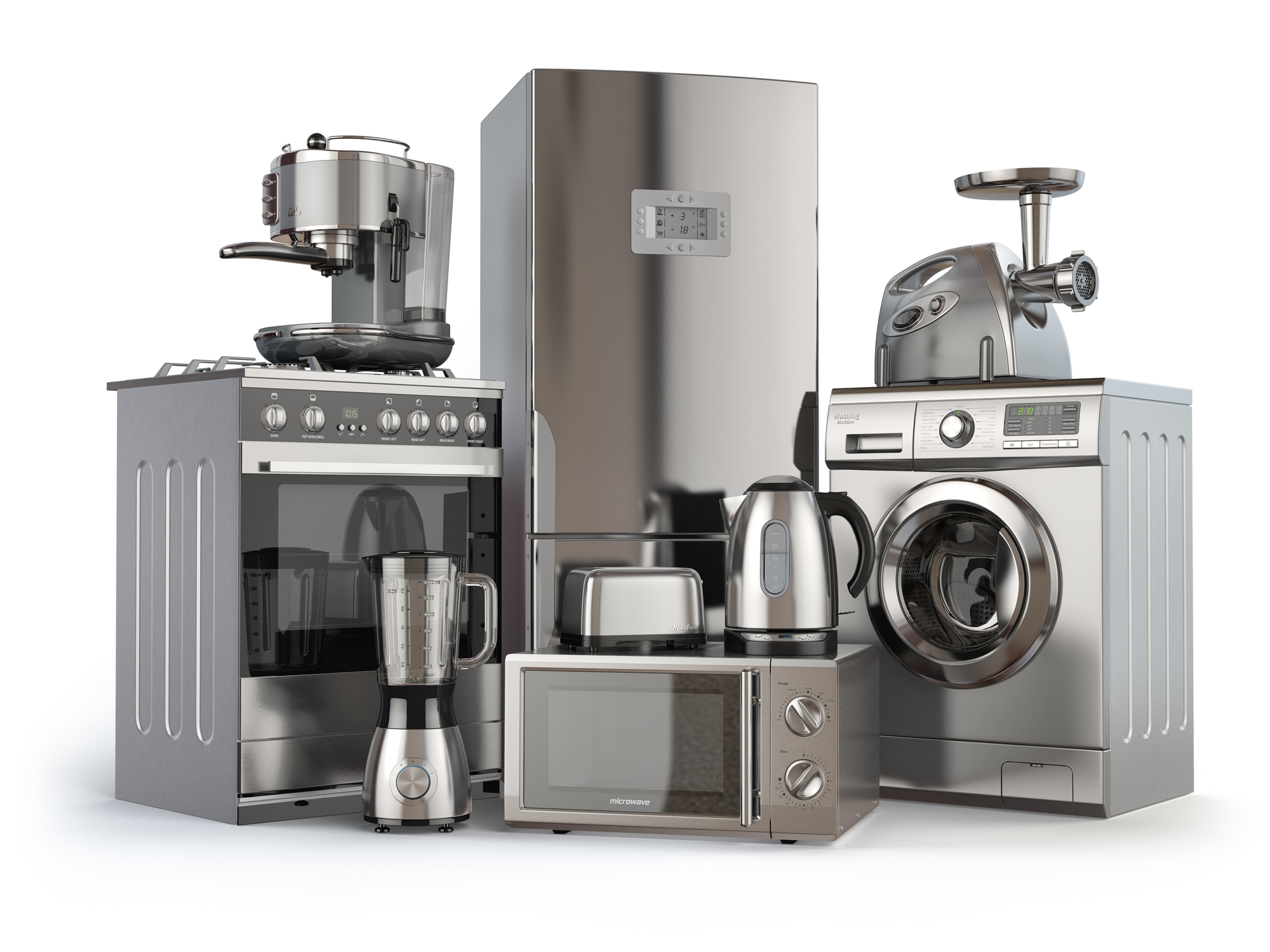 Stainless steel coffee maker, range, blender, refrigerator, toaster, coffee carafe, dryer